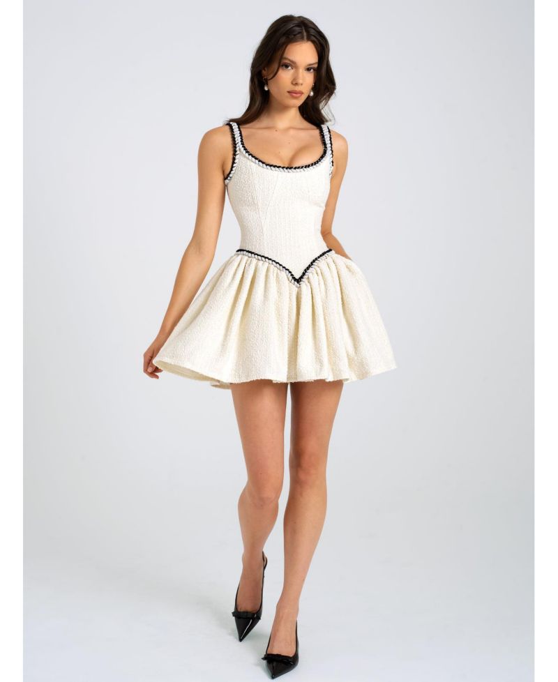 Women's Coco White Boucle Tweed V Waist Mini Dress