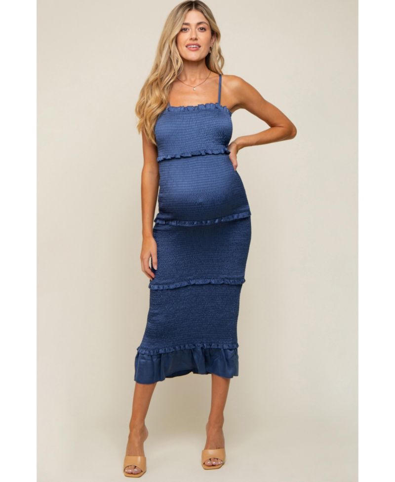 Women's Blue Satin Smocked Fitted Maxi Dress