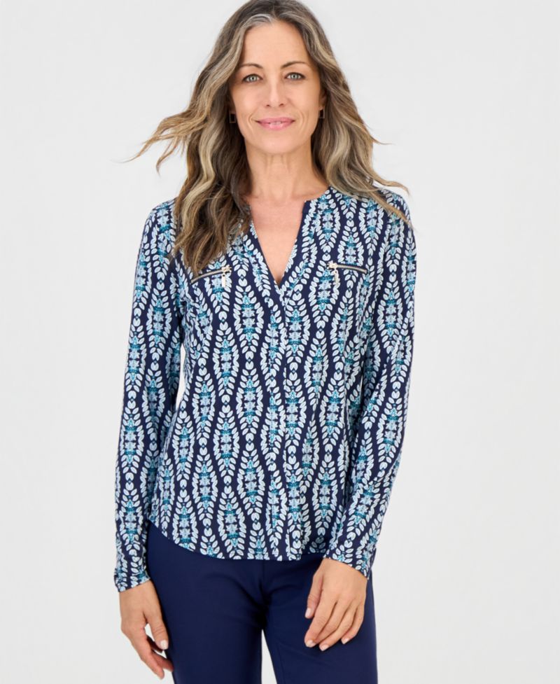 Women's Printed V-Neck Zipper-Pocket Knit