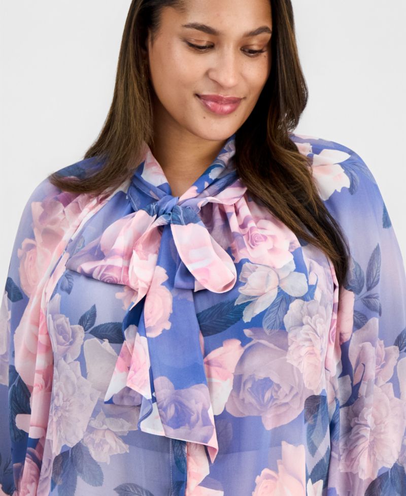 ASL Plus Tie-Neck Blouson-Sleeve Blouse