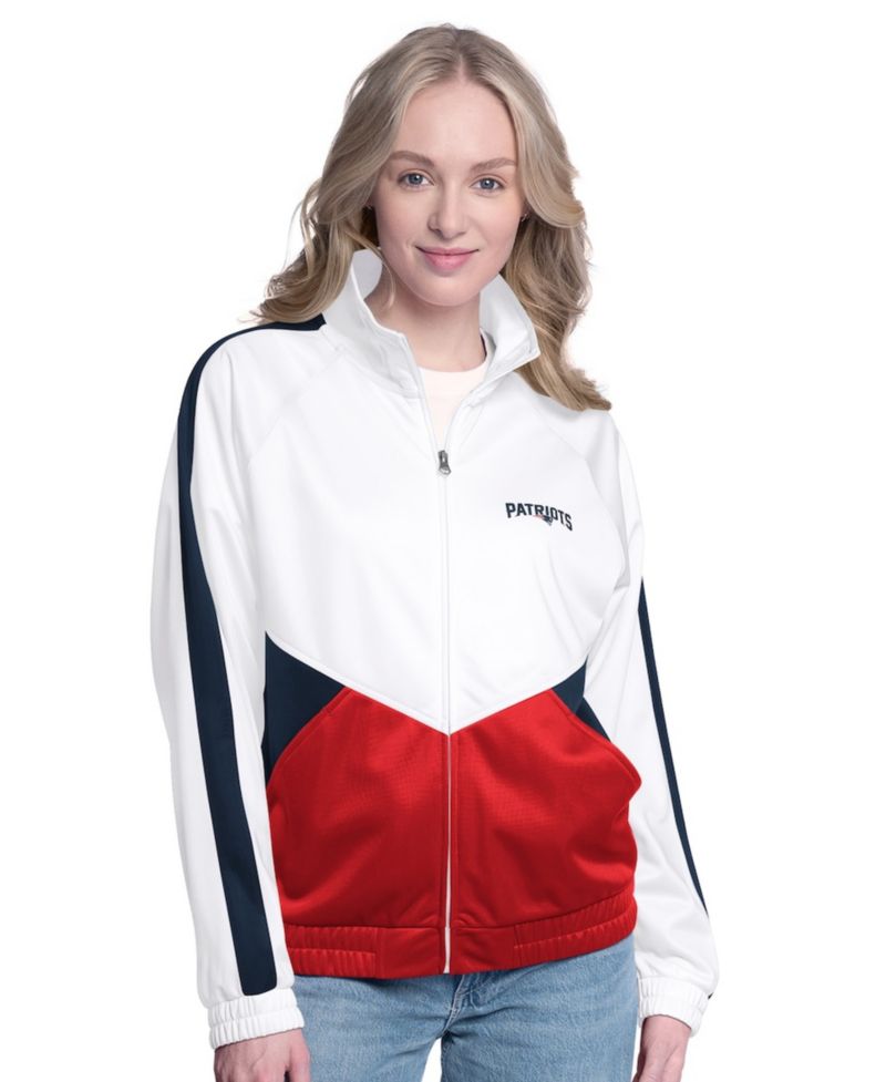 Women's White/Navy New England Patriots Rally Rhinestone Full-Zip Track Jacket