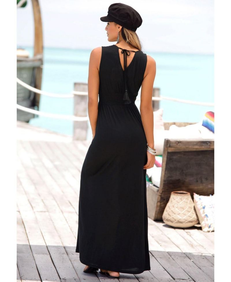 Women's Viscose Floral Print Embroidered Column V-Neck Maxi Dress