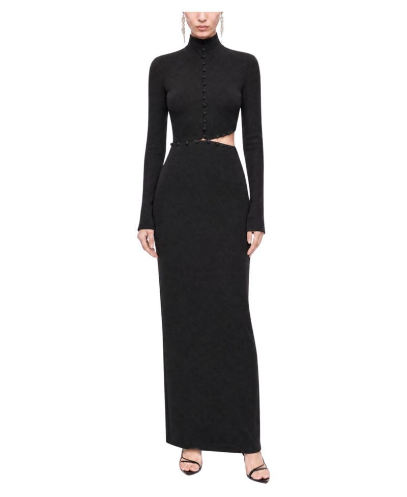 Women's Stand Collar Long-Sleeve Button Detail Maxi Dress