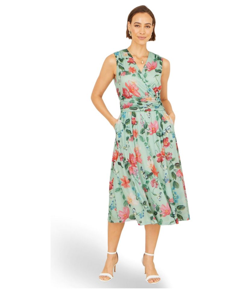 Women's Floral Print Mesh Stretch Midi Dress