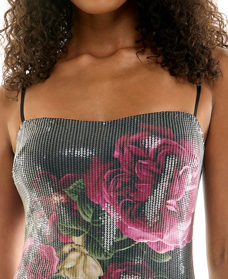 Juniors' Floral Sequin Square Neck Slim Mini Dress