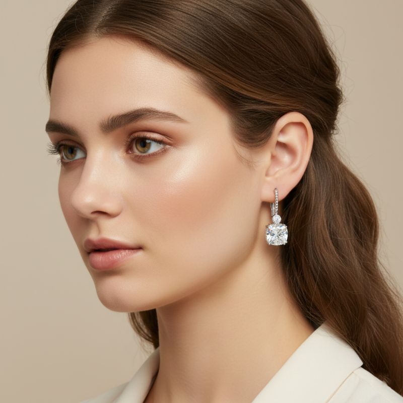 Beautiful White Gold Plated Cushion-Cut CZ leverback Earrings