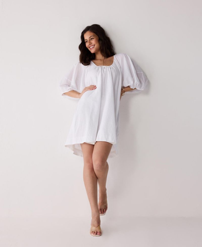 Women's Puff Sleeved Dress with Drawstring Neckline