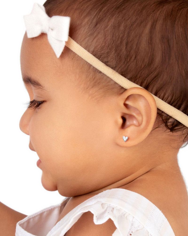 14K Gold Clear Heart Stud Screw Back Earrings