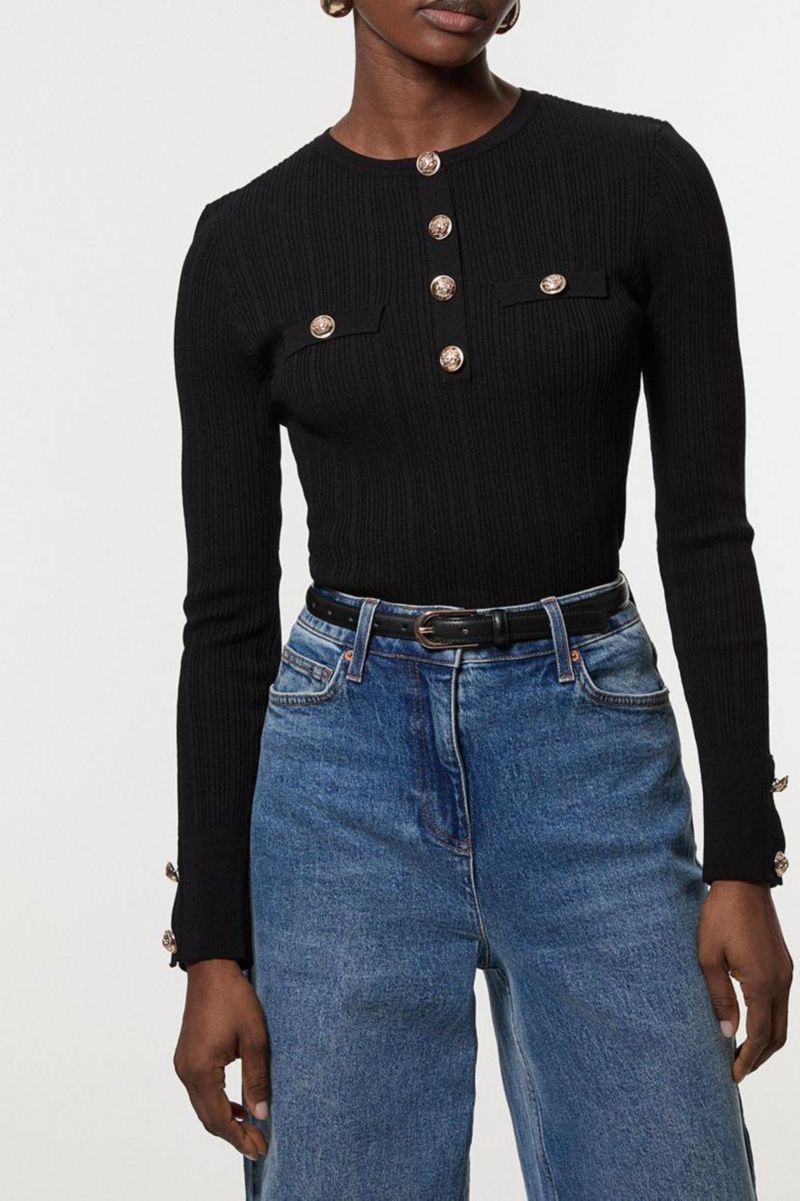 Women's Military Trim Rib Long Sleeve Knit Top