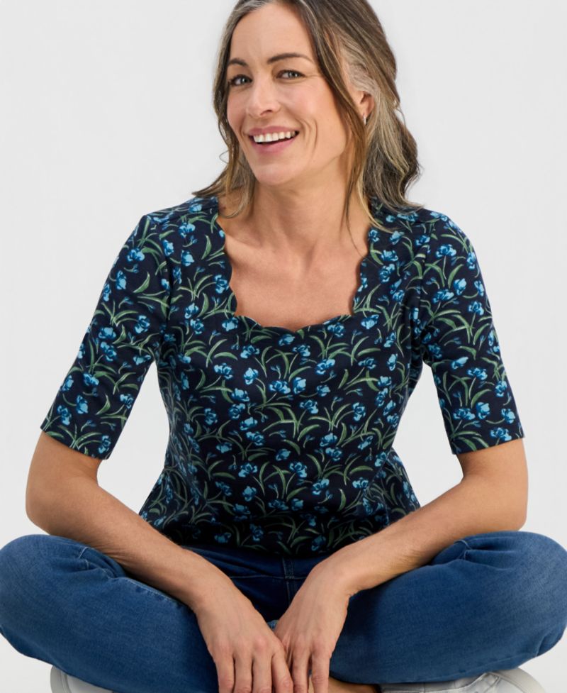 Plus Size Printed Scalloped Square-Neck Top