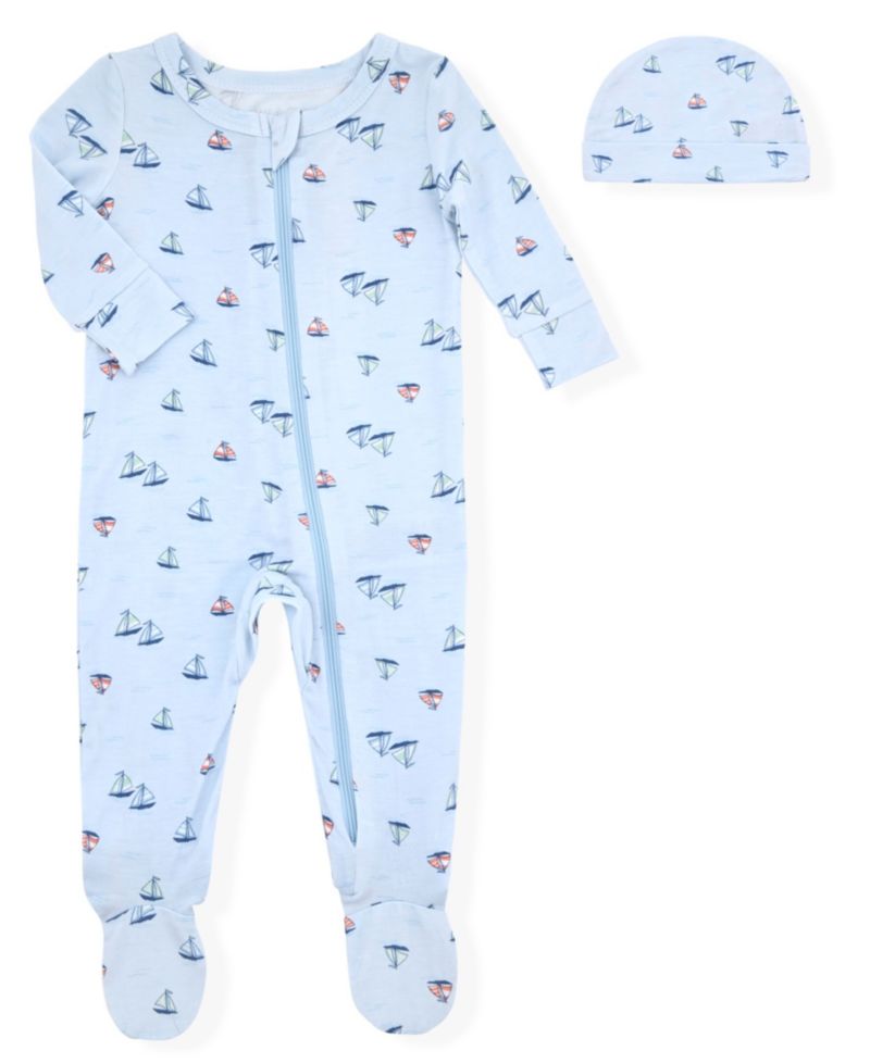 Baby Boys' Sail Boat Printed Round Neck Footie Sleep & Play and Hat, 2-Piece Set