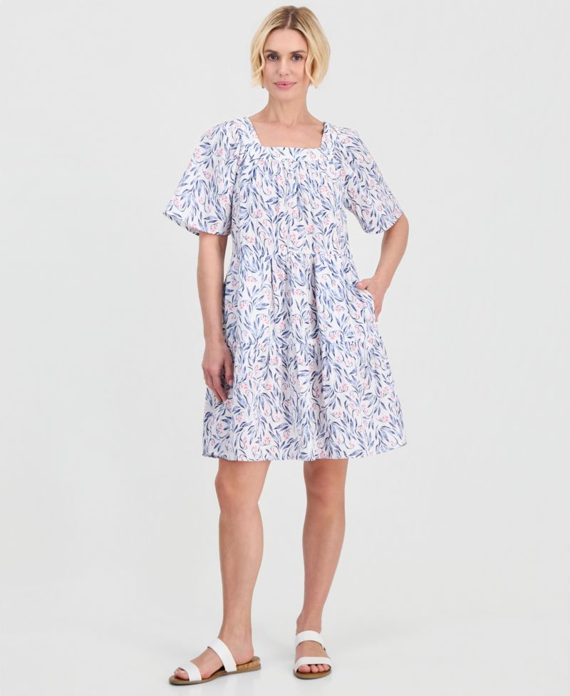Petite Printed Square-Neck Short-Sleeve Cotton Dress