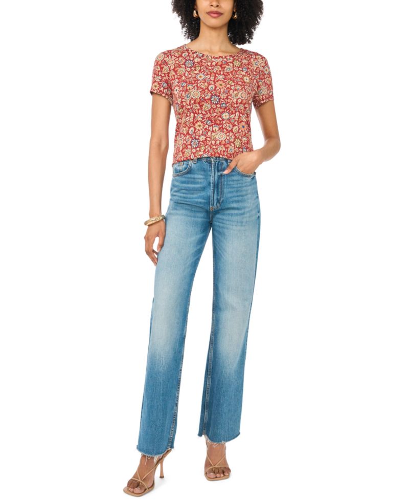 Women's Keyhole Back Floral Crewneck T-Shirt