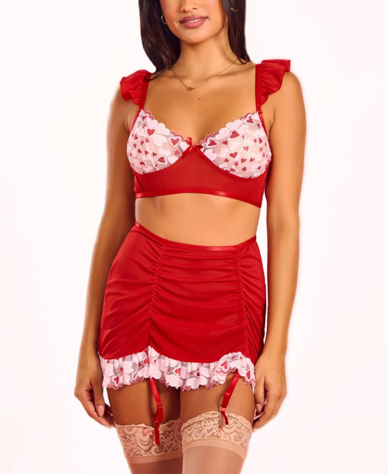 Women's 3-Piece Heart Lace & Ruffle Bralette and Mini Set Lingerie