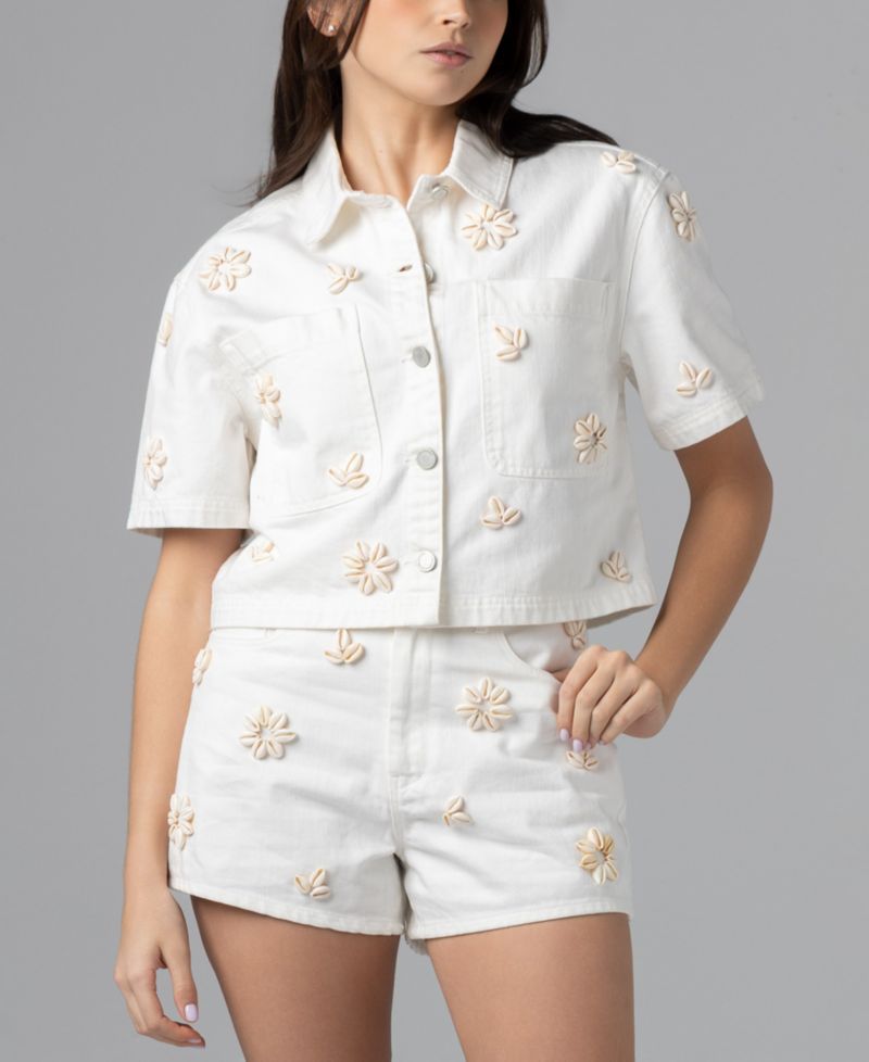 Women's Sea Shell Applique Detail Collared Cropped Denim Shirt
