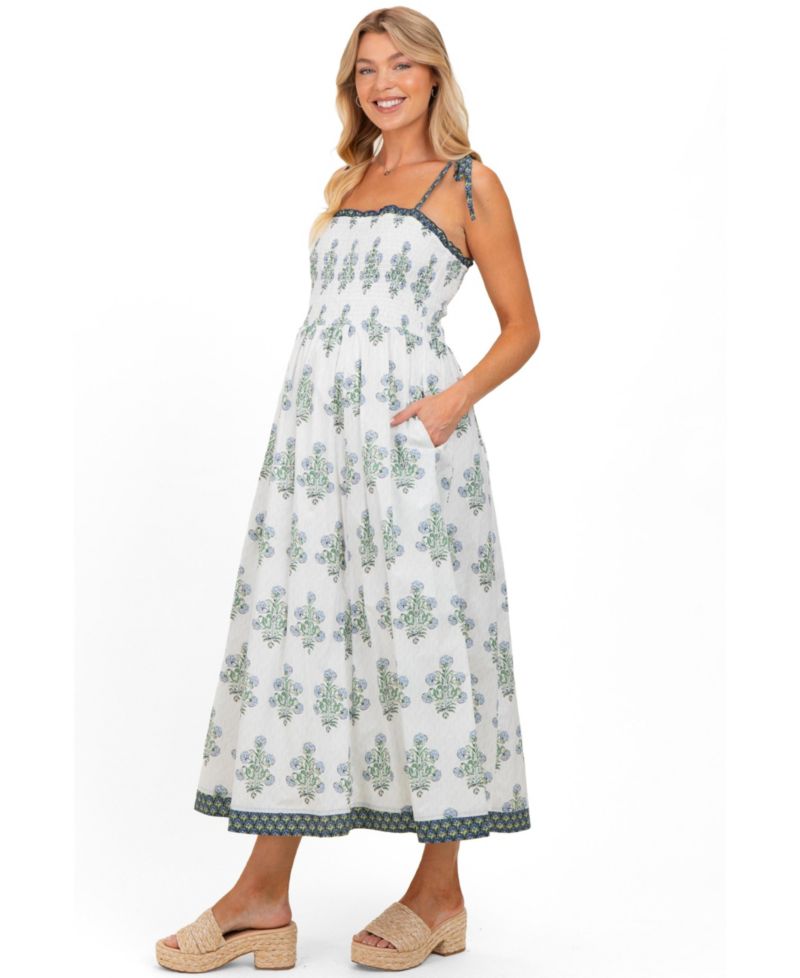 Women's Off White Floral Smocked Shoulder Tie Maxi Dress