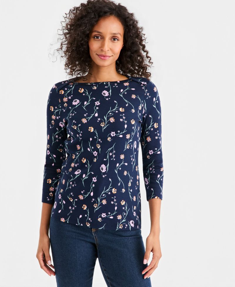 Women's Printed Pima Cotton 3/4 Sleeve Boat-Neck Top