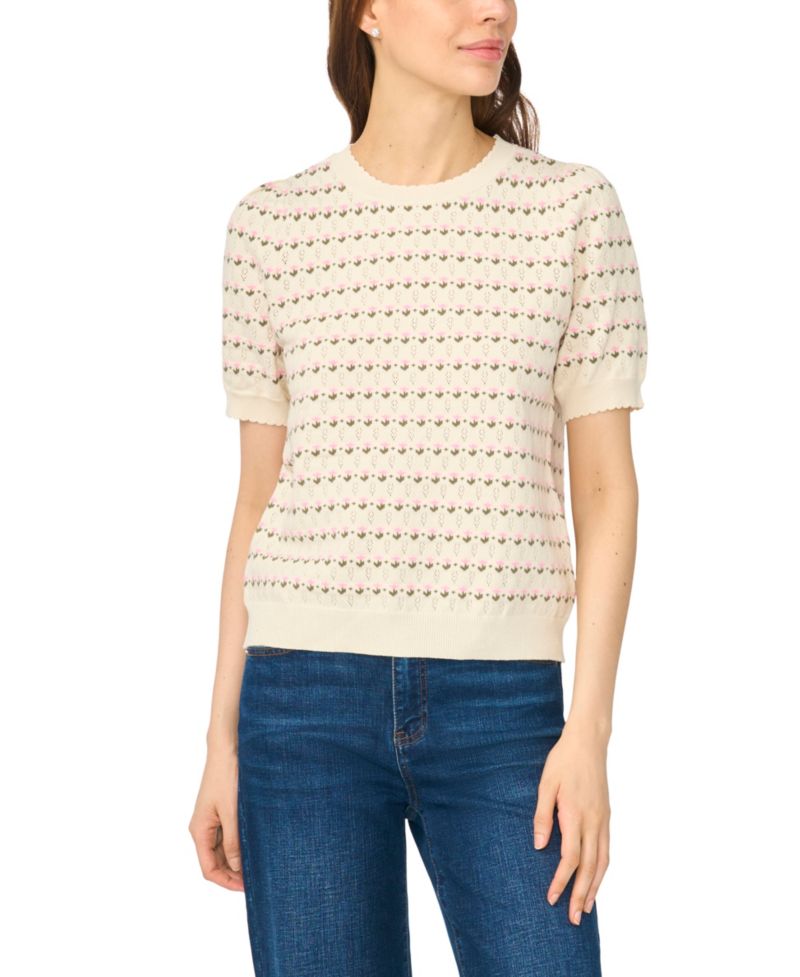 Women's Floral Pointelle Short-Sleeve Crewneck Pullover