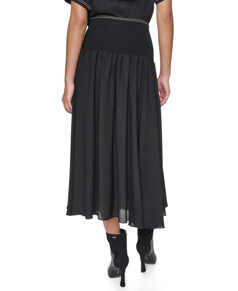 Women's Contrast Stitch Mixed-Media High-Waisted Midi Skirt