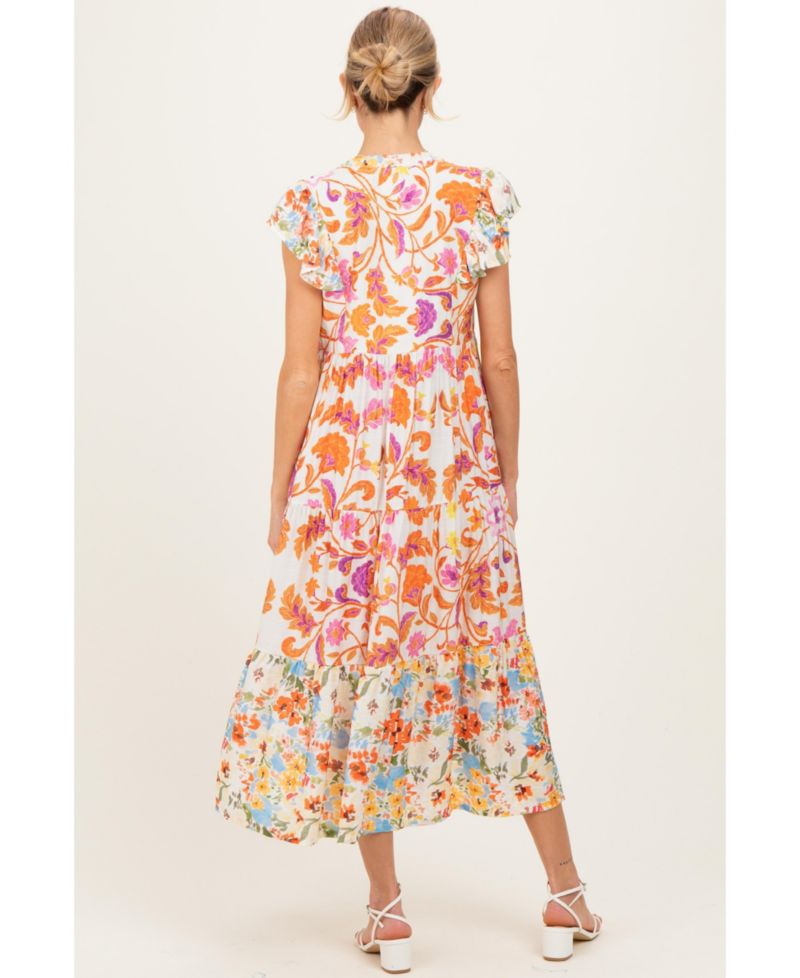 Women's Orange Colorblock Floral Tassel Front Tie Dress