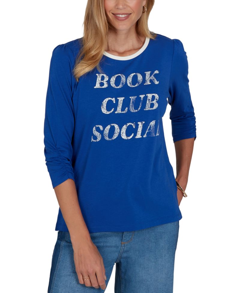 Petite Book Club 3/4-Sleeve Graphic-Print Top