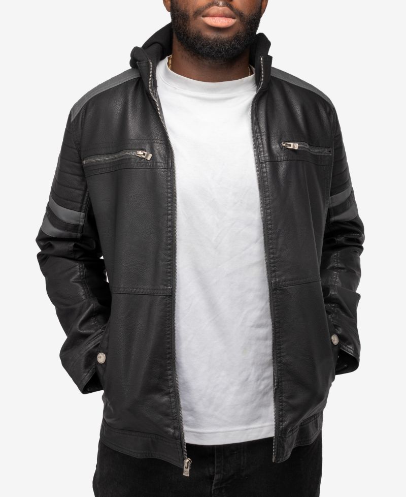 XRAY Men's Grainy PU Leather Hooded Jacket With Faux Shearling Lining