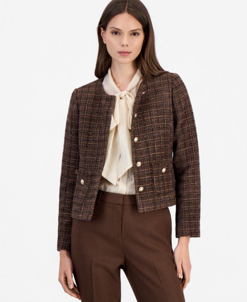 Women's Cropped Boucl&eacute; Plaid Jacket