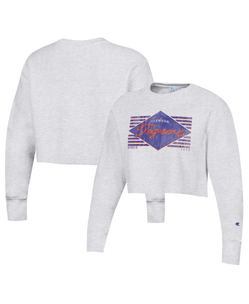 Women's Heather Gray Clemson Tigers Reverse Weave Cropped Pullover Sweatshirt