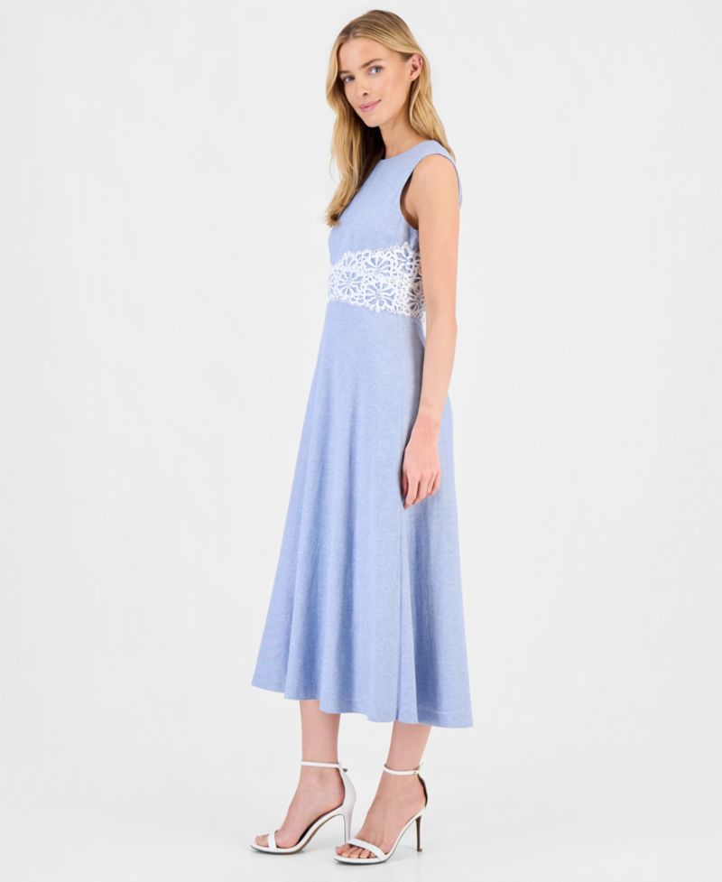 Women's Linen-Blend Lace-Trim A-Line Midi Dress