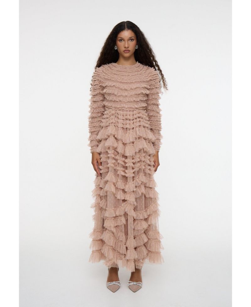 Women's Maxi With Self Print Modest Ruffle Dress