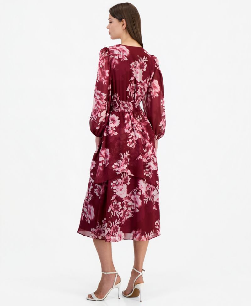 Women's Floral-Print Tiered Long-Sleeve Midi Dress