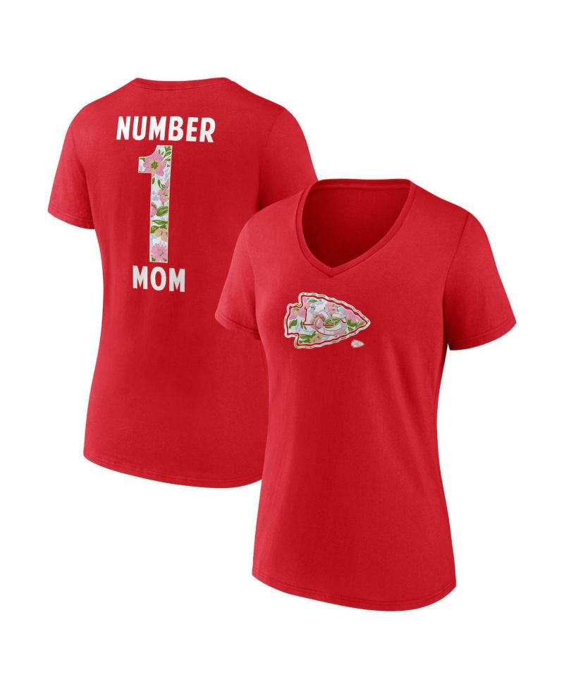 Women's Red Kansas City Chiefs Number 1 Mom Floral V-Neck T-Shirt