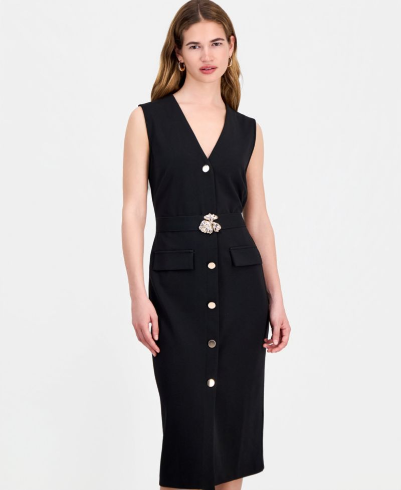 Women's V-Neck Sleeveless Belted Sheath Dress