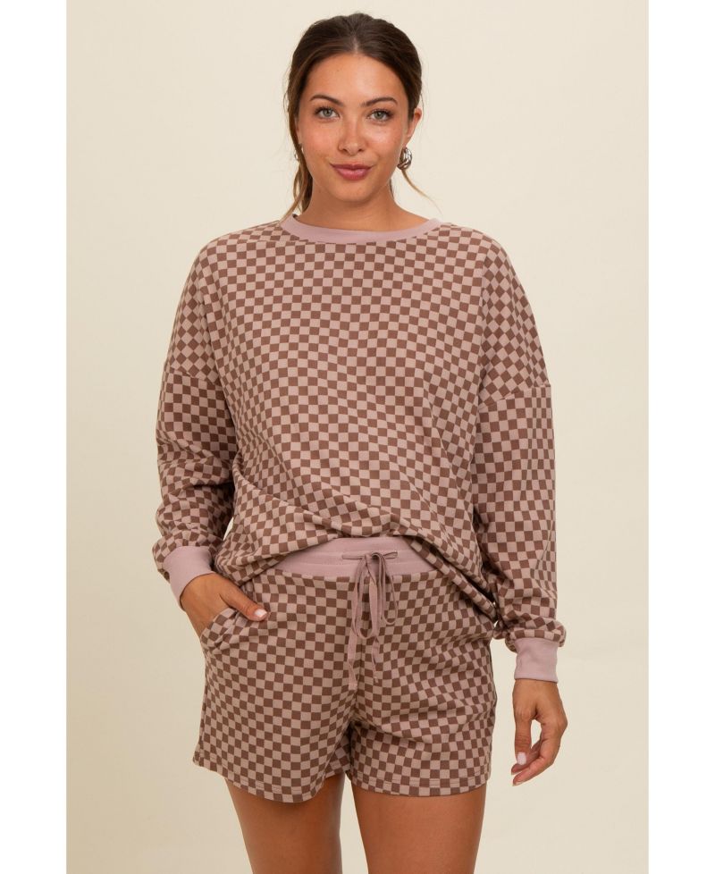 Women's Mocha Checkered Plaid Pullover Shorts Set