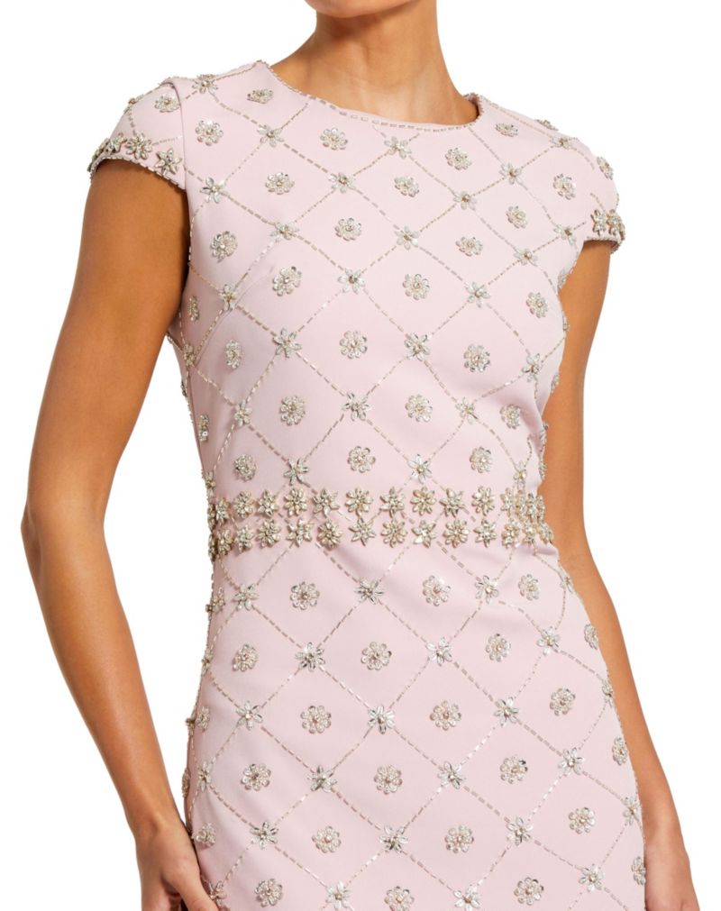 Women's Hand Embellished High Neck Cap Sleeve Midi Dress