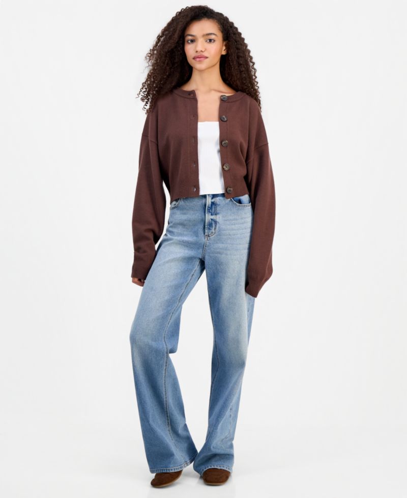 Juniors' Crewneck Cropped Cardigan