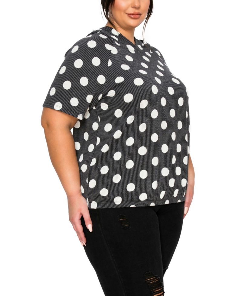 Plus Size Polka Dot Double Knit Hoodie Short- Sleeve Elastic Hem Top