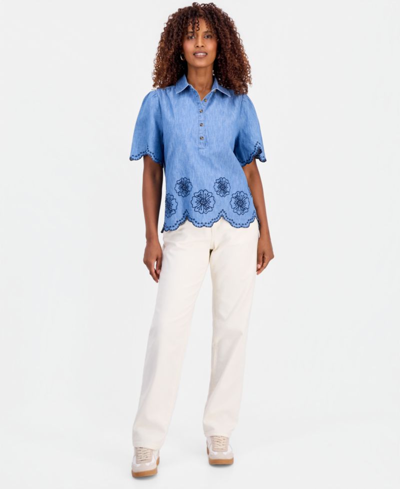 Women's Cotton Chambray Embroidered-Trim Shirt