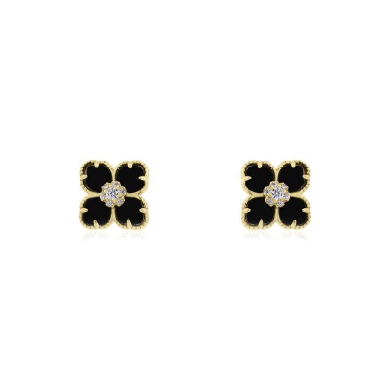 Onyx CZ Flower Stud Earrings 14K Gold-Plated Sterling Silver