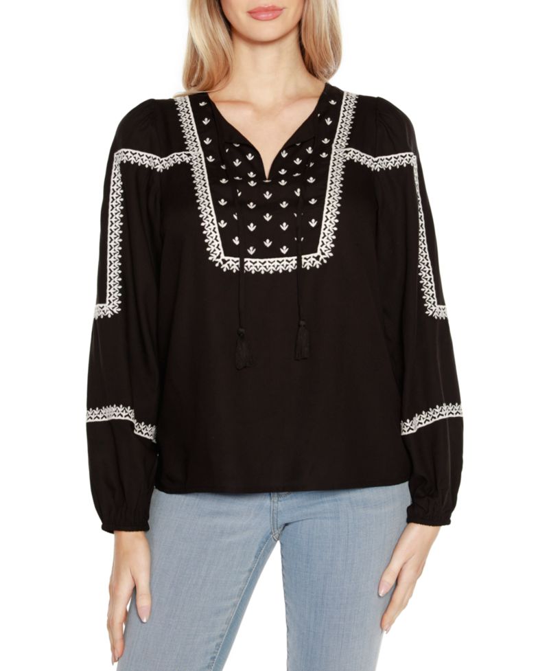 Black Label Embroidered Blouson Tie Neck Top