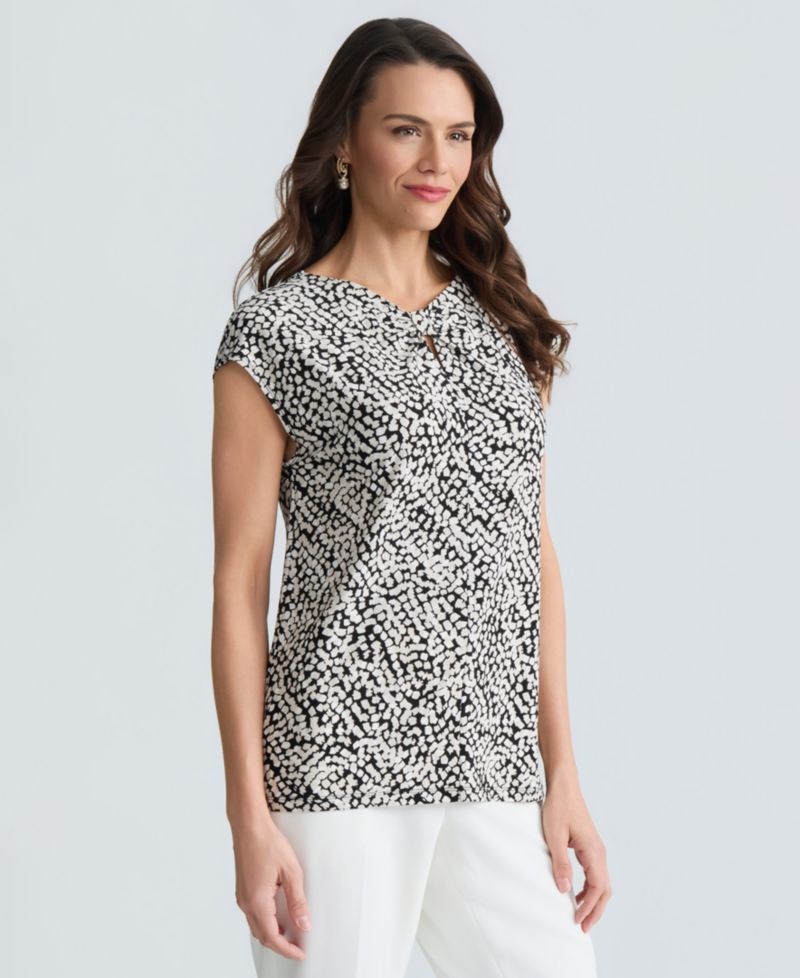 Women's Cap-Sleeve Printed Jersey Knot Neck Top