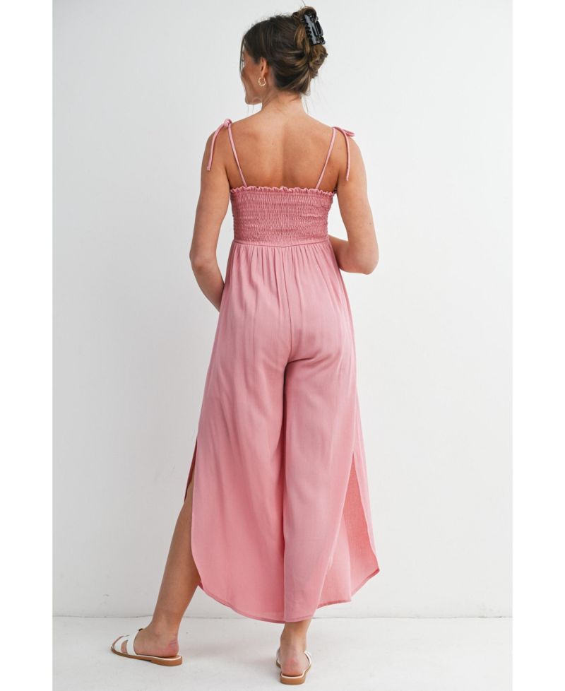 Maternity Smocked Wide-Leg Jumpsuit with Tie Shoulders and Side Slit