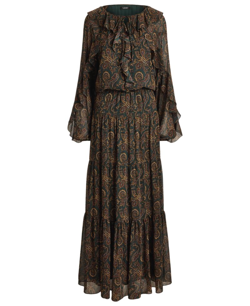 Petite Paisley Long-Sleeve Tiered Maxi Dress