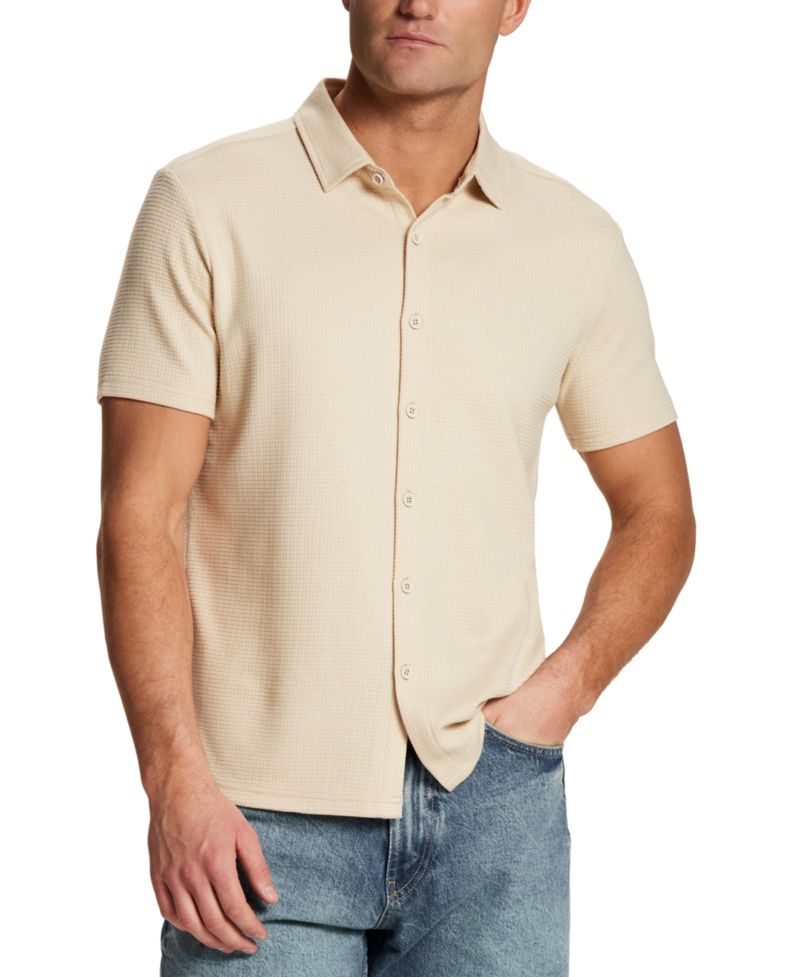 Men's Solid Waffle Coat Front Short-Sleeve Shirt
