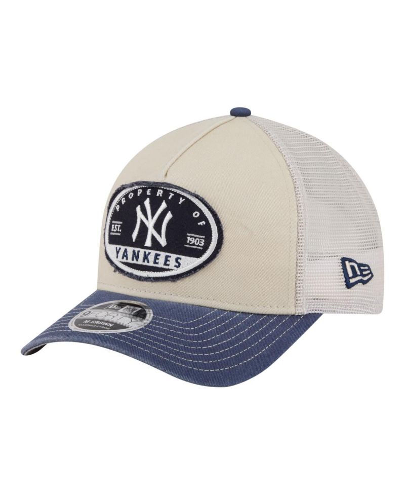 Men's Light Beige/Navy New York Yankees Frayed M-Crown A-Frame 9FORTY Trucker Adjustable Hat