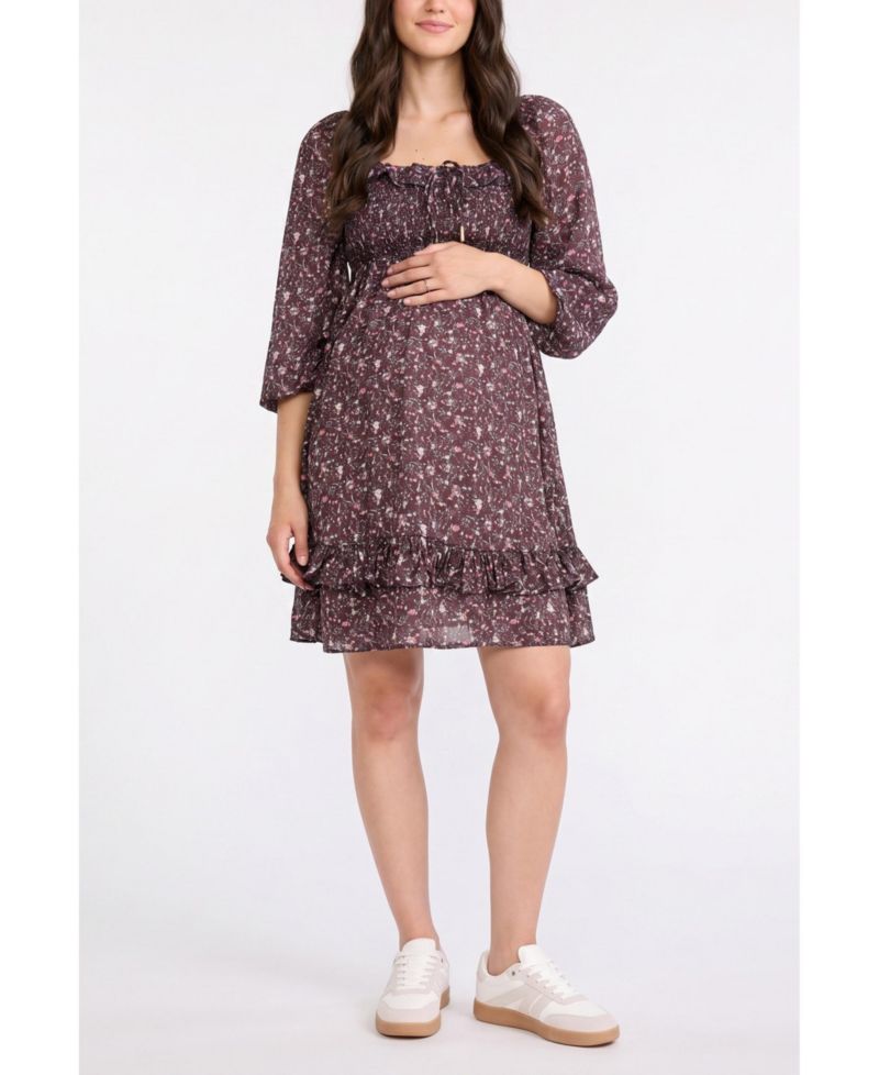 Women's Smocked Babydoll Long Sleeve Mini Dress - Motherhood