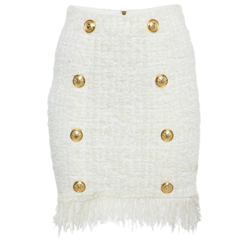 Women's White Tweed Button Detail Pencil Skirt