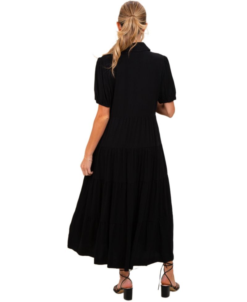 Women's Black Collared Button Down Tiered Midi Dress