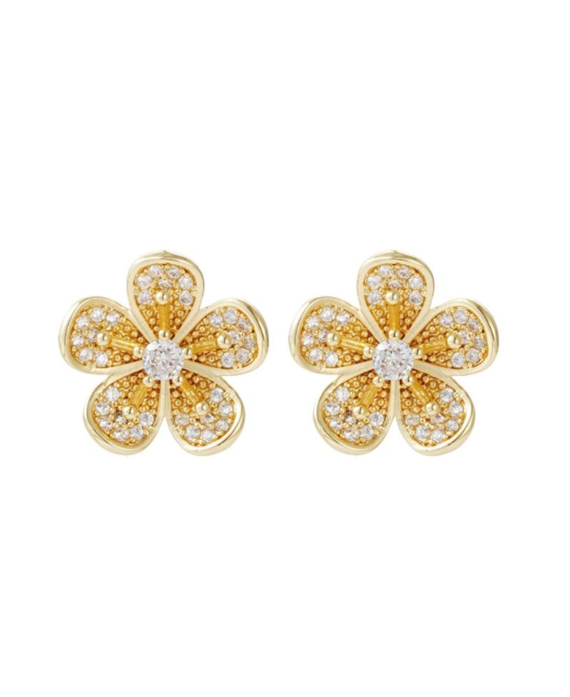 Gold CZ Flower Stud Earrings