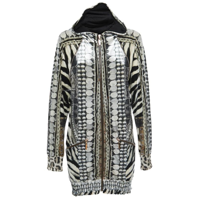 Women's Black/white Printed Velvet Zip Front Hooded Jacket